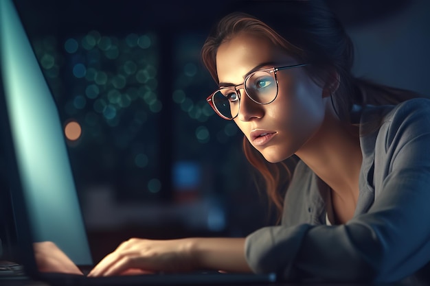 close-up van een vrouw die aan de tafel werkt in een kantoorruimte en naar het scherm van de laptop kijkt