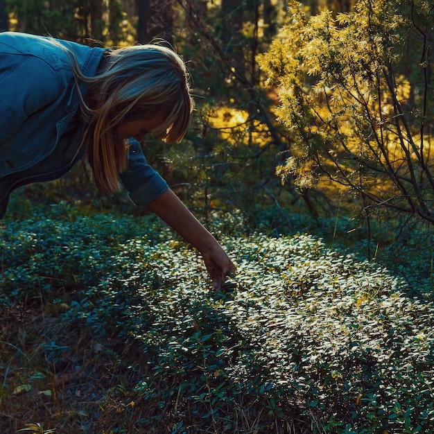 Foto close-up van een vrouw die bessen plukt