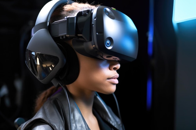 Close-up van een vrouw die een virtual reality-headset draagt, gemaakt met generatieve ai