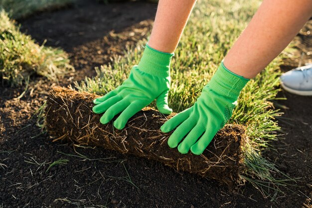 Close-up van een vrouw die graszoden legt voor een nieuw concept voor het leggen van graszoden in de tuin