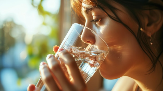 Foto close-up van een vrouw die water drinkt