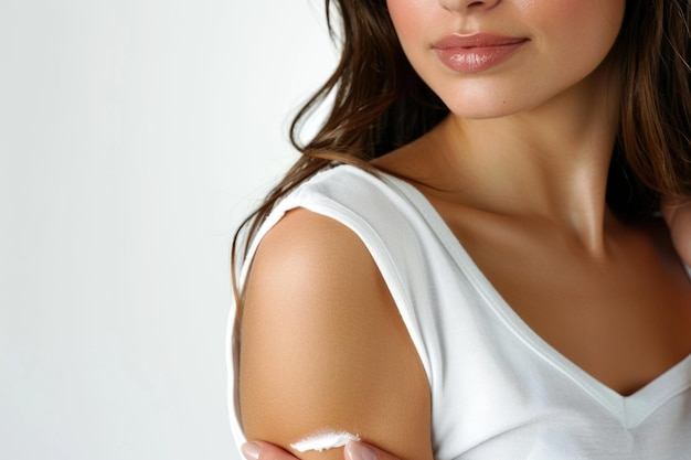 Close-up van een vrouw die zich om haar schouder bekommert bij het aanbrengen van cosmetische crème geïsoleerd op witte achtergrond