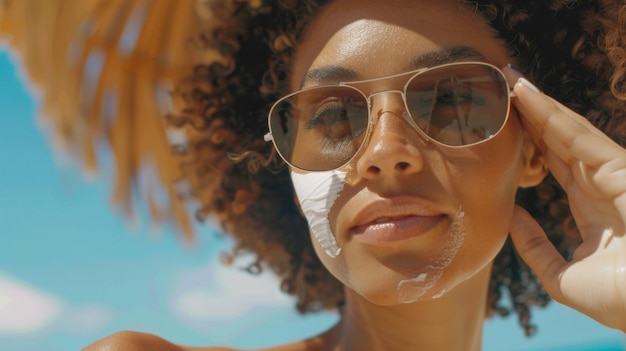 Foto close-up van een vrouw die zonnebrandcrème aanbrengt om haar huid te beschermen tegen schadelijke uv-stralen en de gezondheid van de huid prioriteit geeft