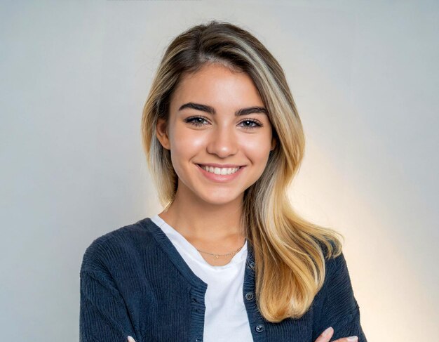 Close-up van een vrouw met blond haar die naar de camera glimlacht met grijze lichten op de achtergrond