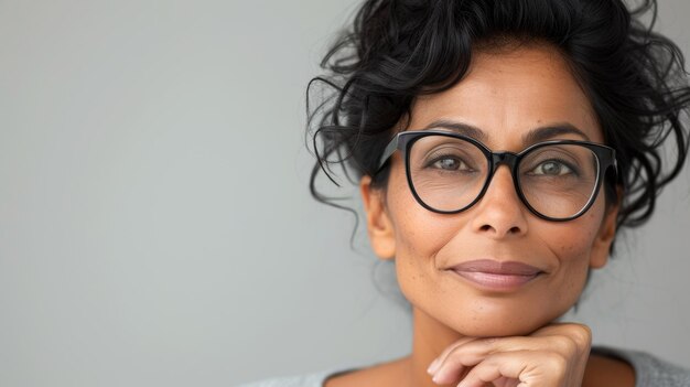 Foto close-up van een vrouw met een bril die glimlacht bij een duimgebaar