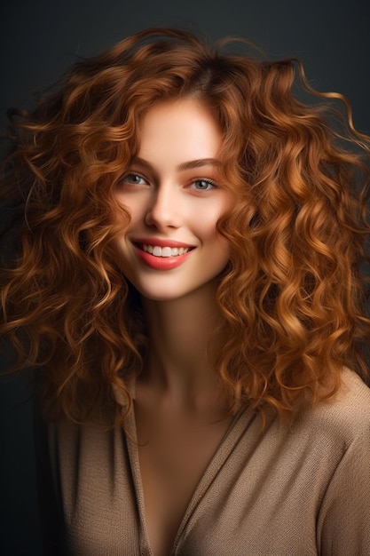 Close-up van een vrouw met rood krullend haar en glimlach op haar gezicht Generatieve AI