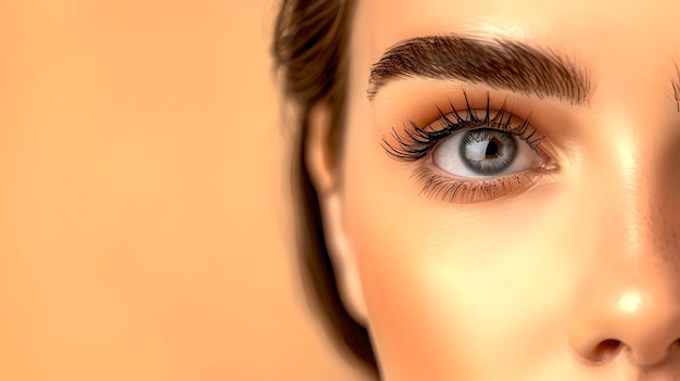 Close-up van een vrouwelijke oog en wenkbrauwen Digitaal schoonheid en make-up concept AIGegenereerde vrouwelijke gezichtskenmerken ideaal voor cosmetica en AI mode