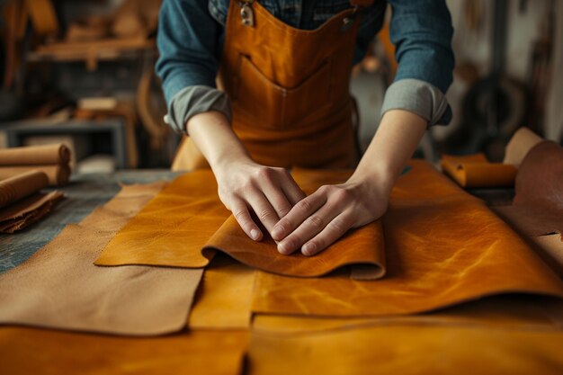 Close-up van een vrouwelijke schoenmaker die in een leerwerkplaats werkt met AI gegenereerd