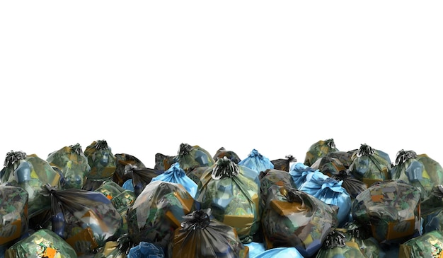 Close-up van een vuilniszakken stapel 3D render op witte achtergrond