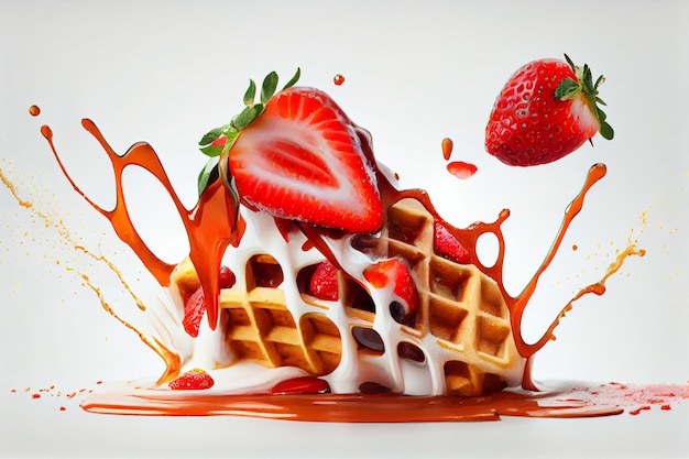Close-up van een wafel met siroop en aardbeien generatieve ai