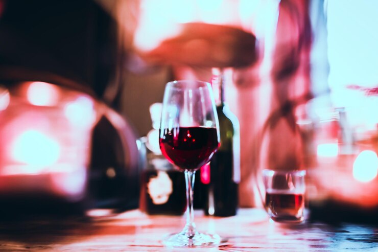 Foto close-up van een wijnglas op tafel
