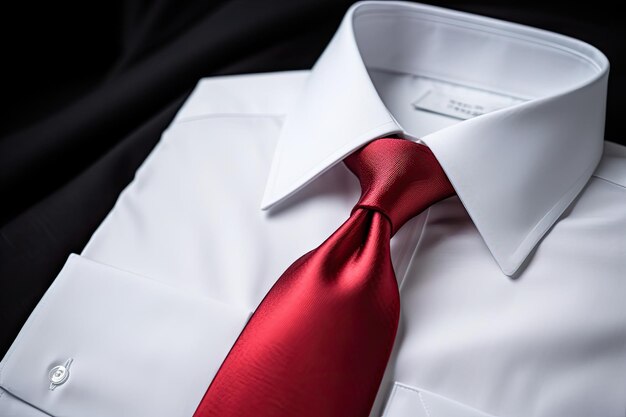 Foto close-up van een wit hemd en rode stropdas zakelijke kleding voor mannen op een donkere achtergrond