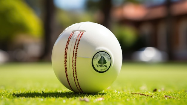 Close-up van een witte cricketbal op een groen gras