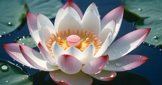 Close-up van een witte en roze lotusbloem met waterdruppels op de bloemblaadjes die op rustig water drijven