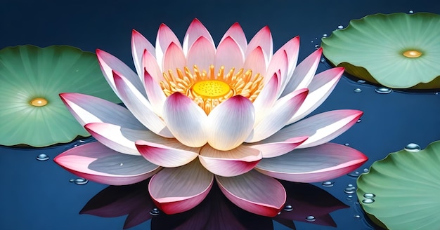 Close-up van een witte en roze lotusbloem met waterdruppels op de bloemblaadjes die op rustig water drijven