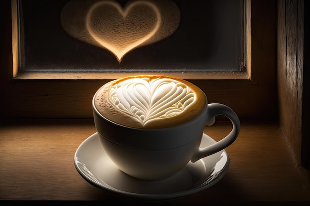 Close-up van een witte koffiekop met een hartvormig stuk latte art-schuim op een zwarte houten tafel naast een raam met een lichte schaduw