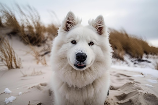 Close-up van een witte Samojeed dog39s snuit op een besneeuwde Saulkrasti strandduin in Letland