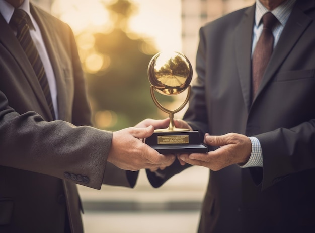 Close-up van een zakenman die een trofee geeft aan de winnaar voor succes in het bedrijfsleven