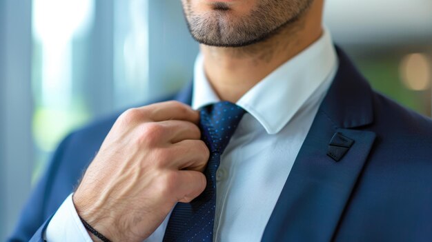 Foto close-up van een zakenman die zijn stropdas aanpast close-op van een zaken man die zijn stripdas aanpakt