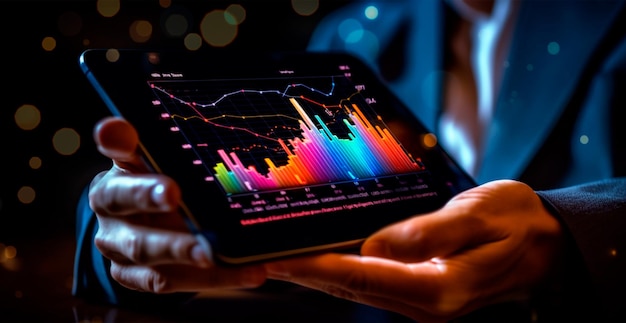 Close-up van een zakenman met een tablet groei grafieken ontwikkeling economie AI gegenereerde afbeelding