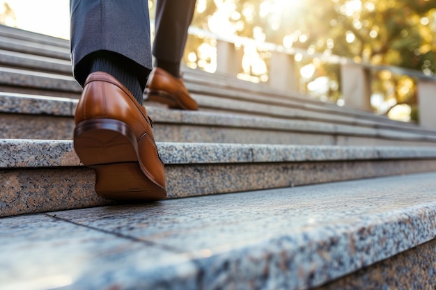 Close-up van een zakenman schoenen als ze lopen een trap loopbaanontwikkeling en strategie