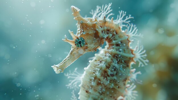 close-up van een zeepaard in een oceaan zachte blauwe achtergrond