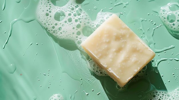 Close-up van een zeepstok met schuim en waterdruppels op een groene achtergrond De zeep is gepositioneerd in het rechterdeel van de afbeelding