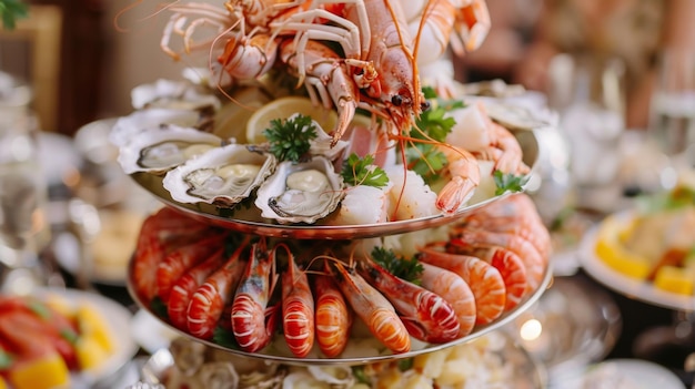 Close-up van een zeevruchten toren middenstuk gevuld met gekoelde garnalen oesters krab klauwen en kreeft staarten een symbool van weelde