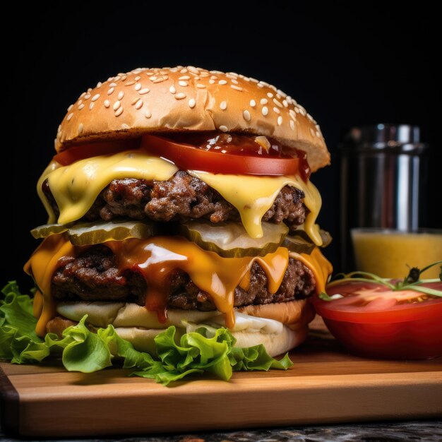 close-up van een zelfgemaakte rundvleeshamburger op een houten tafel met saus en kaas