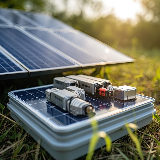 Close-up van een zonnepaneelinstallatie met batterijen