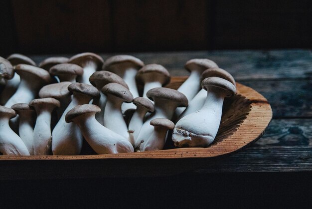 Foto close-up van eetbare paddenstoelen in een dienblad op tafel