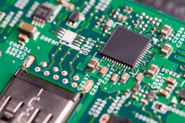 Close-up van elektronische componenten op de microprocessorchip van het moederbord