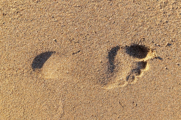 Close-up van enkele voetafdruk op het zandstrand Bovenaanzicht