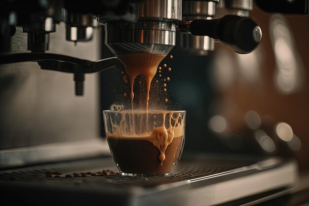 Close-up van espresso professionele machine gieten crème koffie illustratie generatieve ai