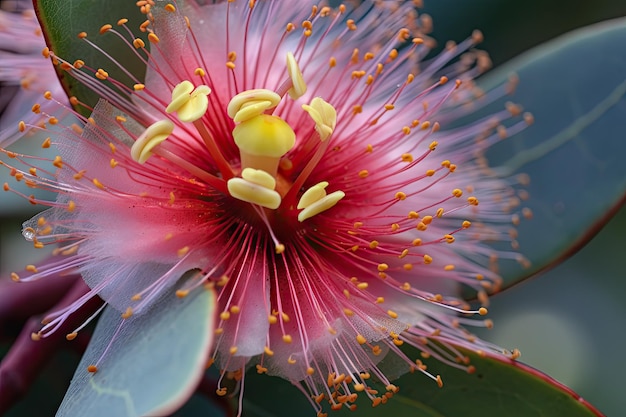 Close-up van eucalyptusbloem met zijn delicate bloemblaadjes en levendige kleuren in het volle zicht