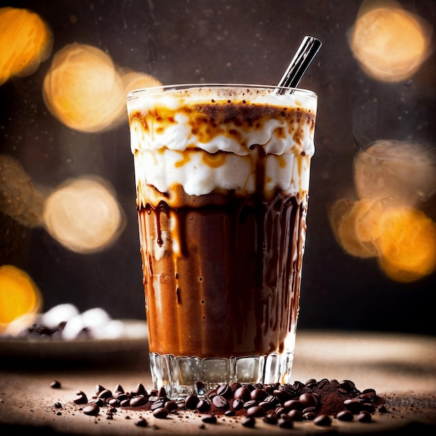 Foto close-up van foodfotografie iced coffee latte met slagroom met zwarte achtergrond generatieve ai