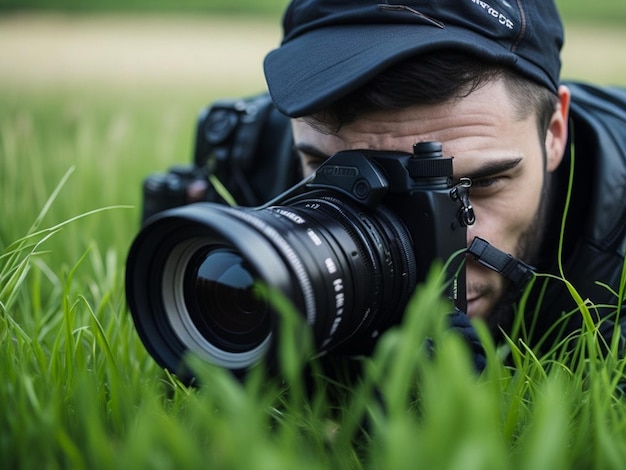 Close-up van fotograaf maakt foto's op de achtergrond van gras