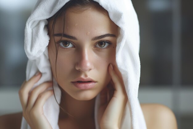 Foto close-up van fronsende jonge vrouw met een handdoek op haar hoofd na de douche probeert de stof te verwijderen
