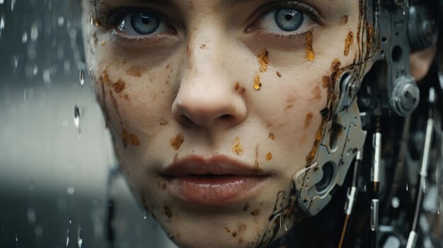 Close-up van futuristische androïde robotachtige humanoïde menselijk gezicht met mechanische scifi-functies