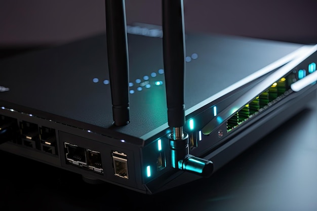 Close-up van g-router met knipperende verbindingsindicatoren gemaakt met generatieve ai