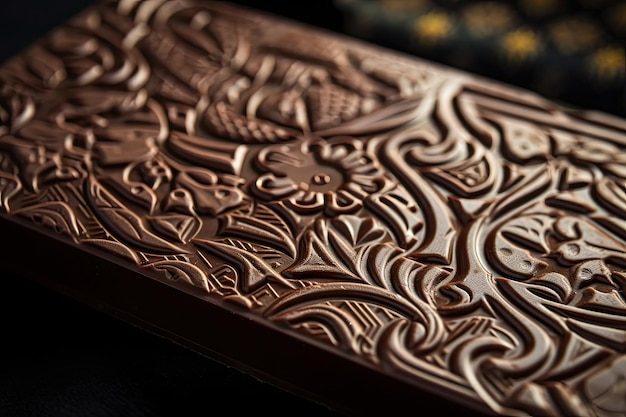 Close-up van gastronomische chocoladereep met ingewikkeld ontwerp en smaken gemaakt met generatieve ai