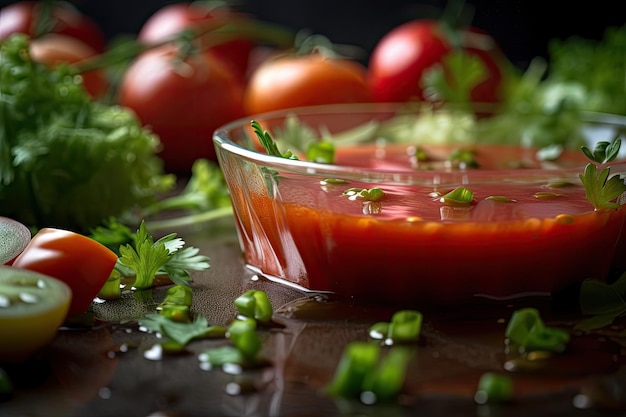 Close-up van gazpacho met druppels sap en kruiden zichtbaar