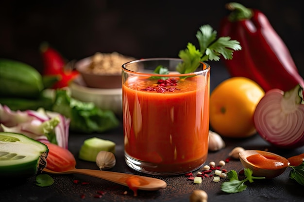 Close-up van gazpacho met zichtbare en heldere ingrediënten gemaakt met generatieve ai