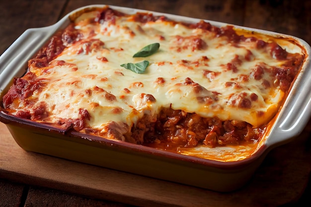 Close up van gebakken lasagne met bolognese saus generatieve AI