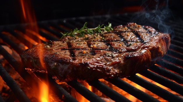 close-up van gebakken vlees op een grill met een vlam