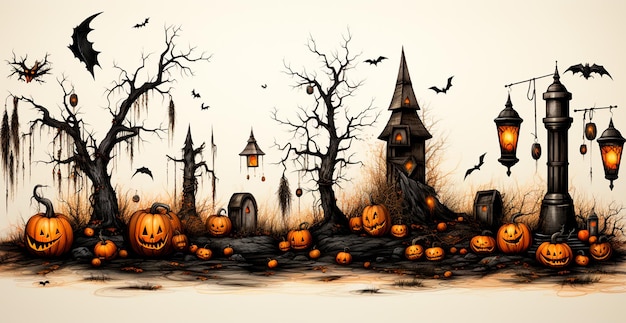 Close-up van gebeeldhouwde Halloween pompoenen sombere feestelijke achtergrond AI gegenereerde afbeelding