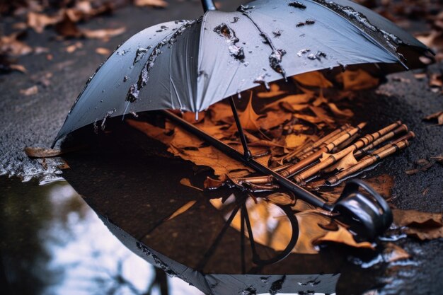 Foto close-up van gebroken paraplu liggend in een plas gemaakt met generatieve ai