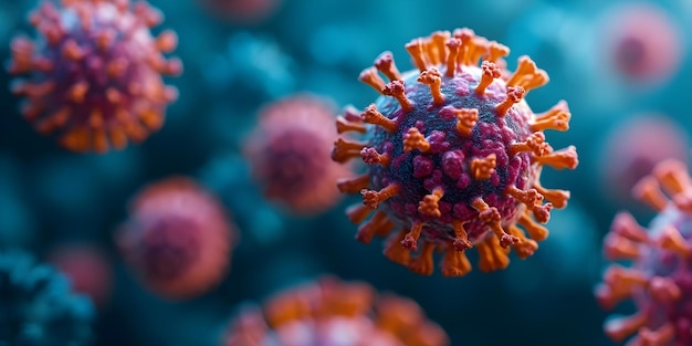 Close-up van gedetailleerde coronavirusdeeltjes donkere achtergrond Concept Close-up opnames Wetenschappelijke analyse Medisch onderzoek Microscopische weergave Donkere achtergrond