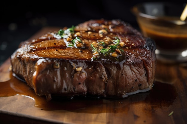 Close-up van gegrilde steak besprenkeld met hartige saus