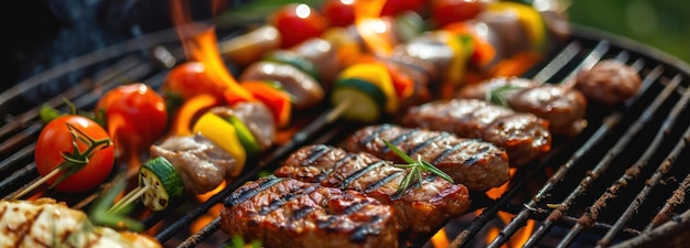 Close-up van gegrilde vlees en groenten die op een grill zinken